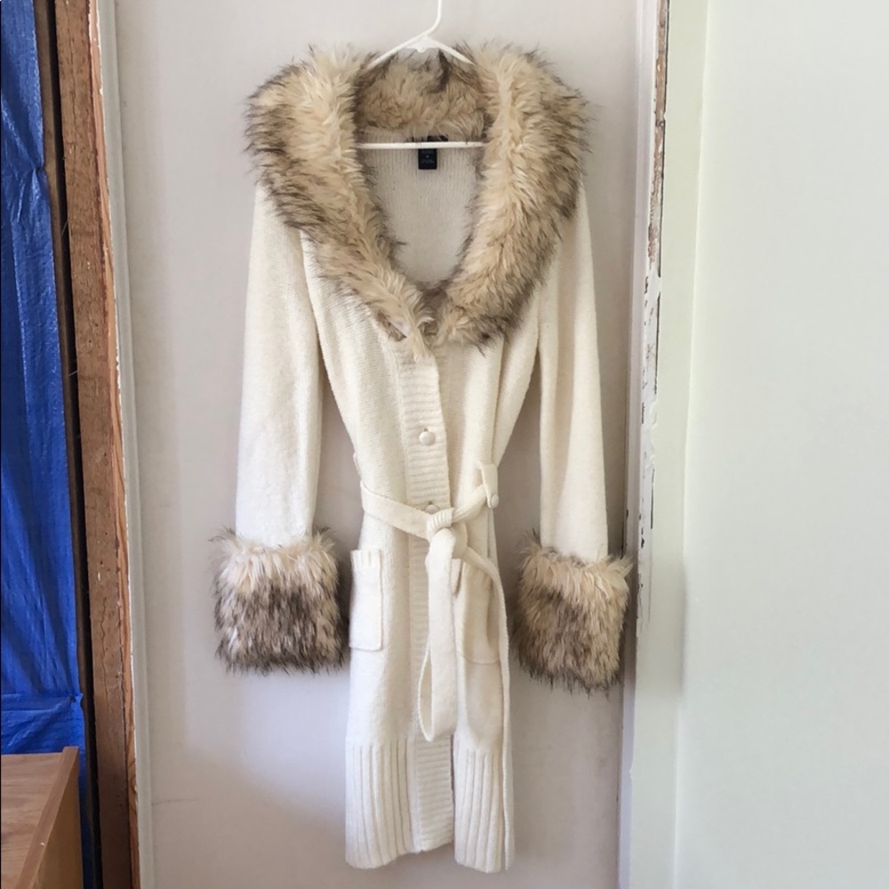 Boston Proper Cream Long Sweater with fur detail